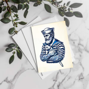 raxxa Postkarte: Vintage Illustration of a Sailor Holding a Cat on His Arm
