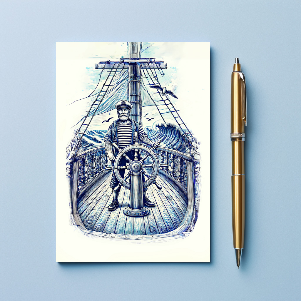 raxxa Postkarte: Vintage Illustration of a Sailor at the Helm of a Sailing Ship