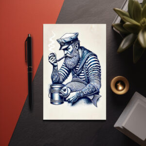 raxxa Postkarte: Vintage Illustration of a Sailor with a Pipe and Fish Under His Arm
