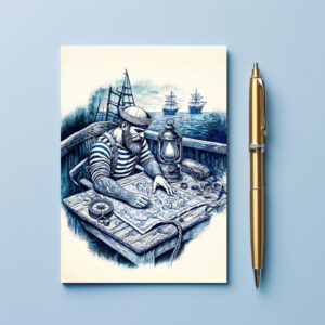 raxxa Postkarte: Vintage Illustration of a Sailor Reading a Nautical Map on the Ship’s Deck