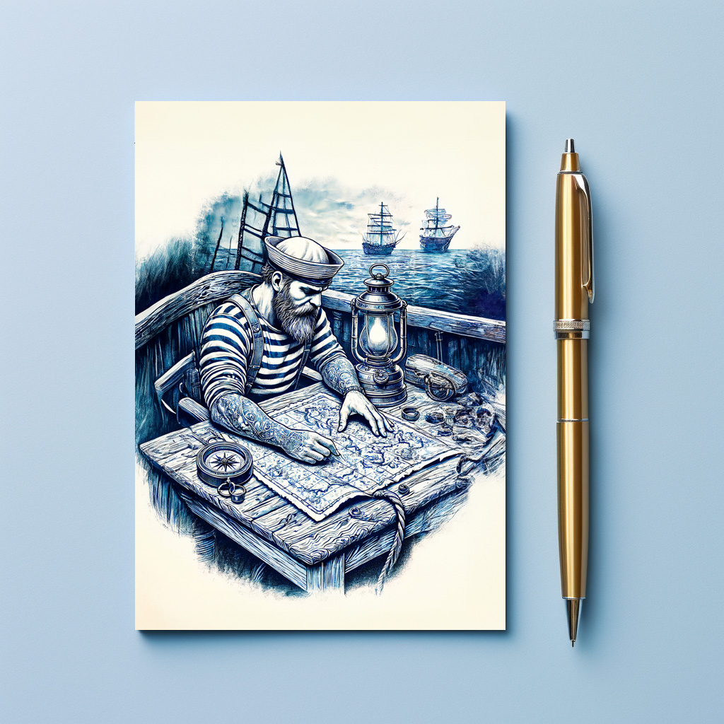 raxxa Postkarte: Vintage Illustration of a Sailor Reading a Nautical Map on the Ship’s Deck