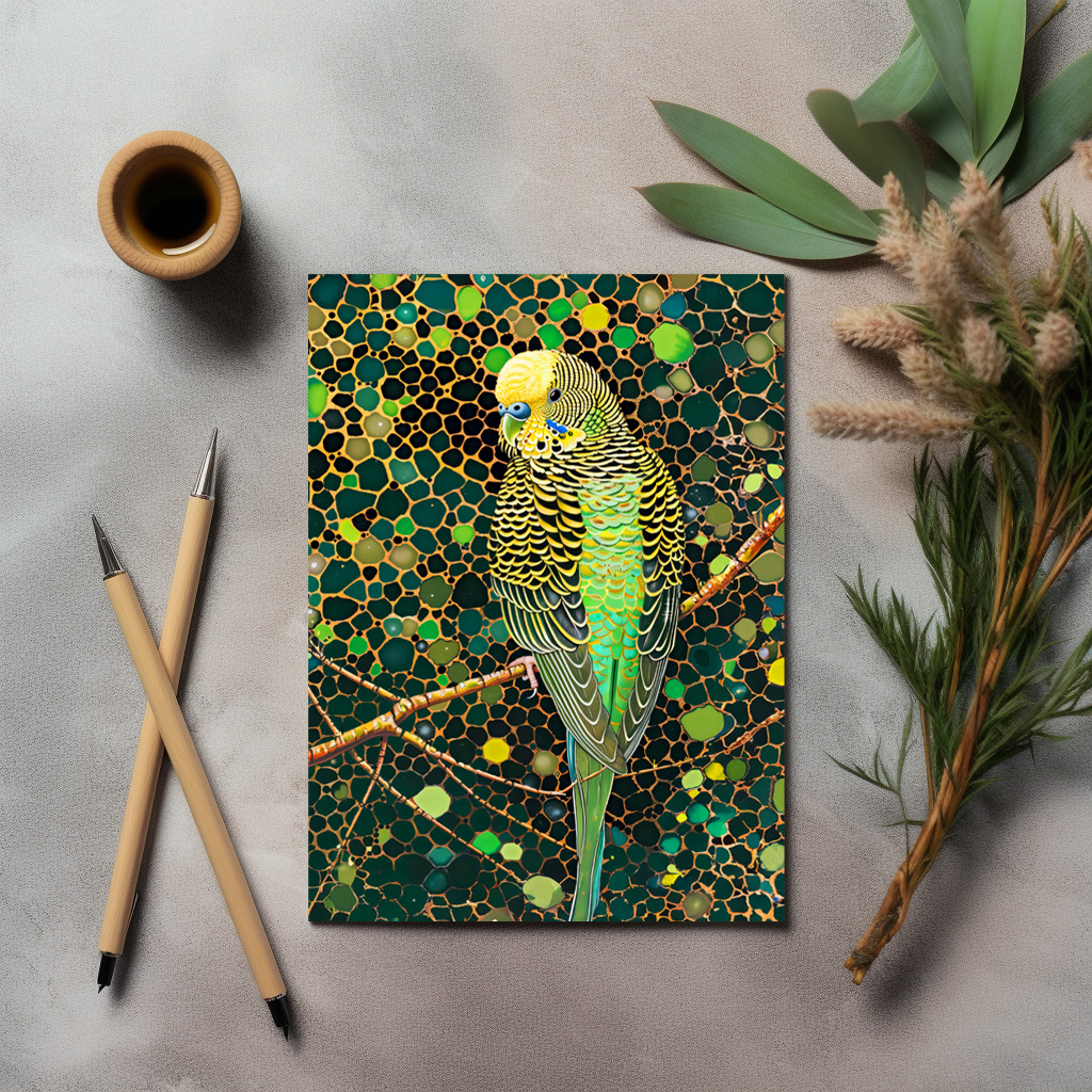 raxxa Postkarte: Budgerigar in Aborigine Dot Art Style