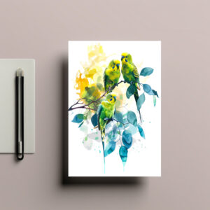 raxxa Postkarte: Watercolor Budgerigars in Eucalyptus Tree