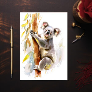 raxxa Postkarte: Watercolor Koala Climbing Eucalyptus