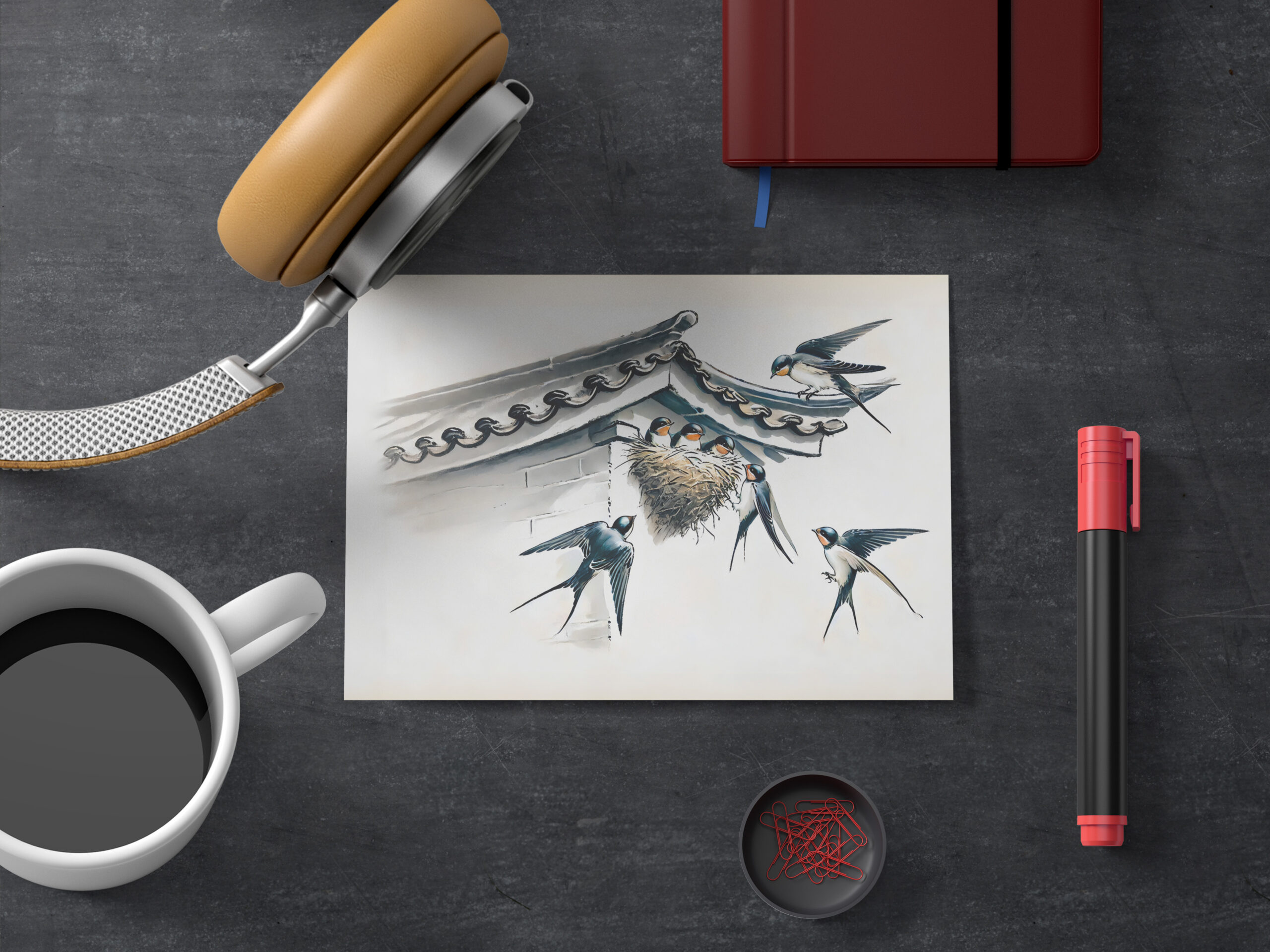 raxxa Postkarte: Swallows Feeding Young in Nest in Chinese Ink Painting