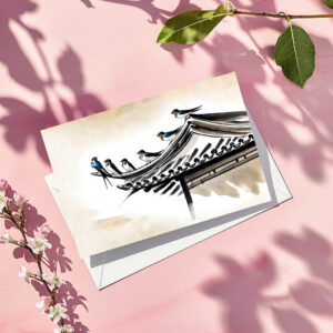 raxxa Postkarte: Swallows Resting on the Roof of a Chinese Temple in Ink Painting