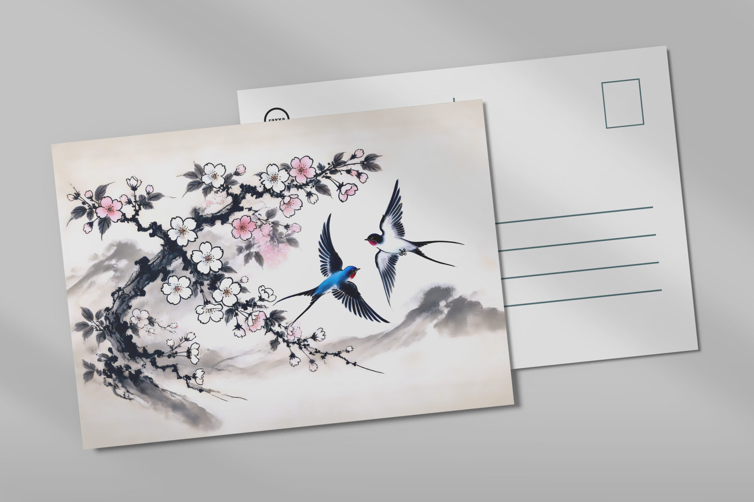 raxxa Postkarte: Swallows Soaring Through the Sky in Chinese Ink Painting