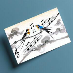 raxxa Postkarte: Two Swallows Singing on a Power Line in Chinese Ink Painting