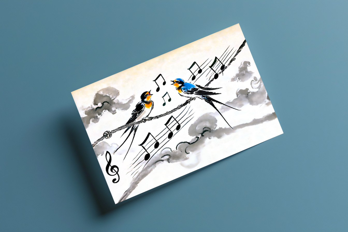 raxxa Postkarte: Two Swallows Singing on a Power Line in Chinese Ink Painting