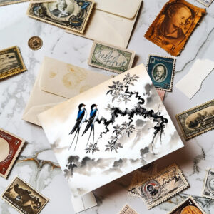 raxxa Postkarte: Swallows Perched on a Branch in Chinese Ink Painting