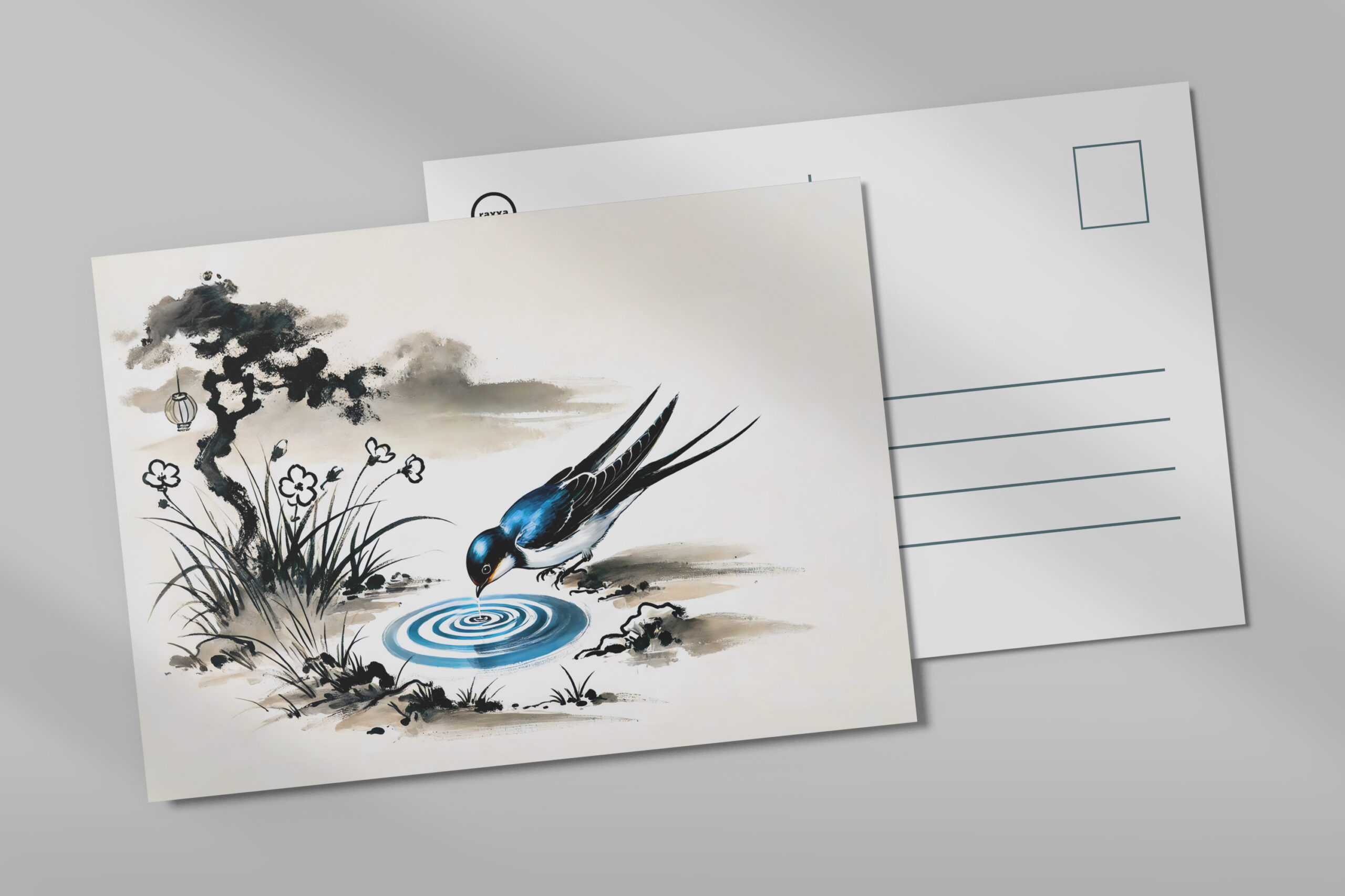raxxa Postkarte: Swallow Drinking Water in a Stream in Chinese Ink Painting