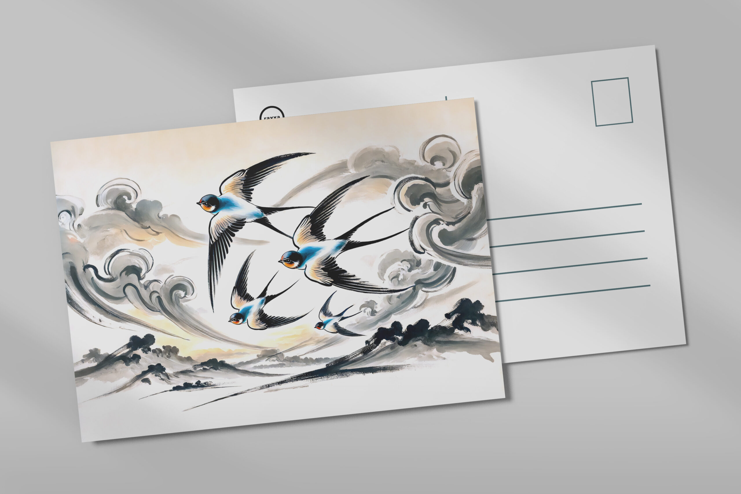 raxxa Postkarte: Swallows Soaring Through the Sky in Chinese Ink Painting