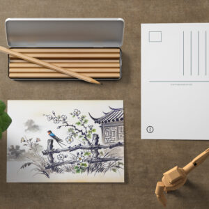 raxxa Postkarte: Swallow Perched on a Fence in Chinese Ink Painting