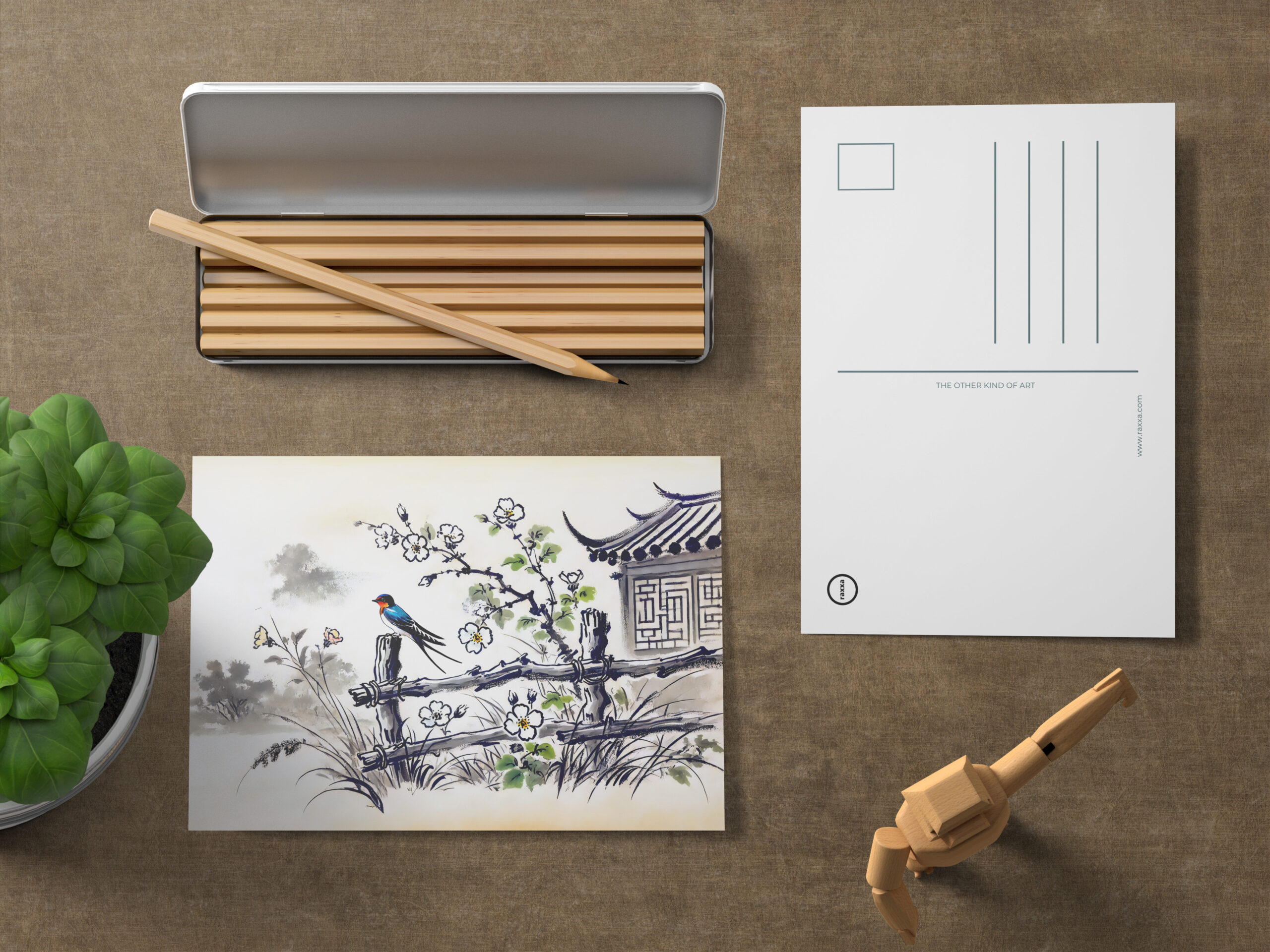 raxxa Postkarte: Swallow Perched on a Fence in Chinese Ink Painting