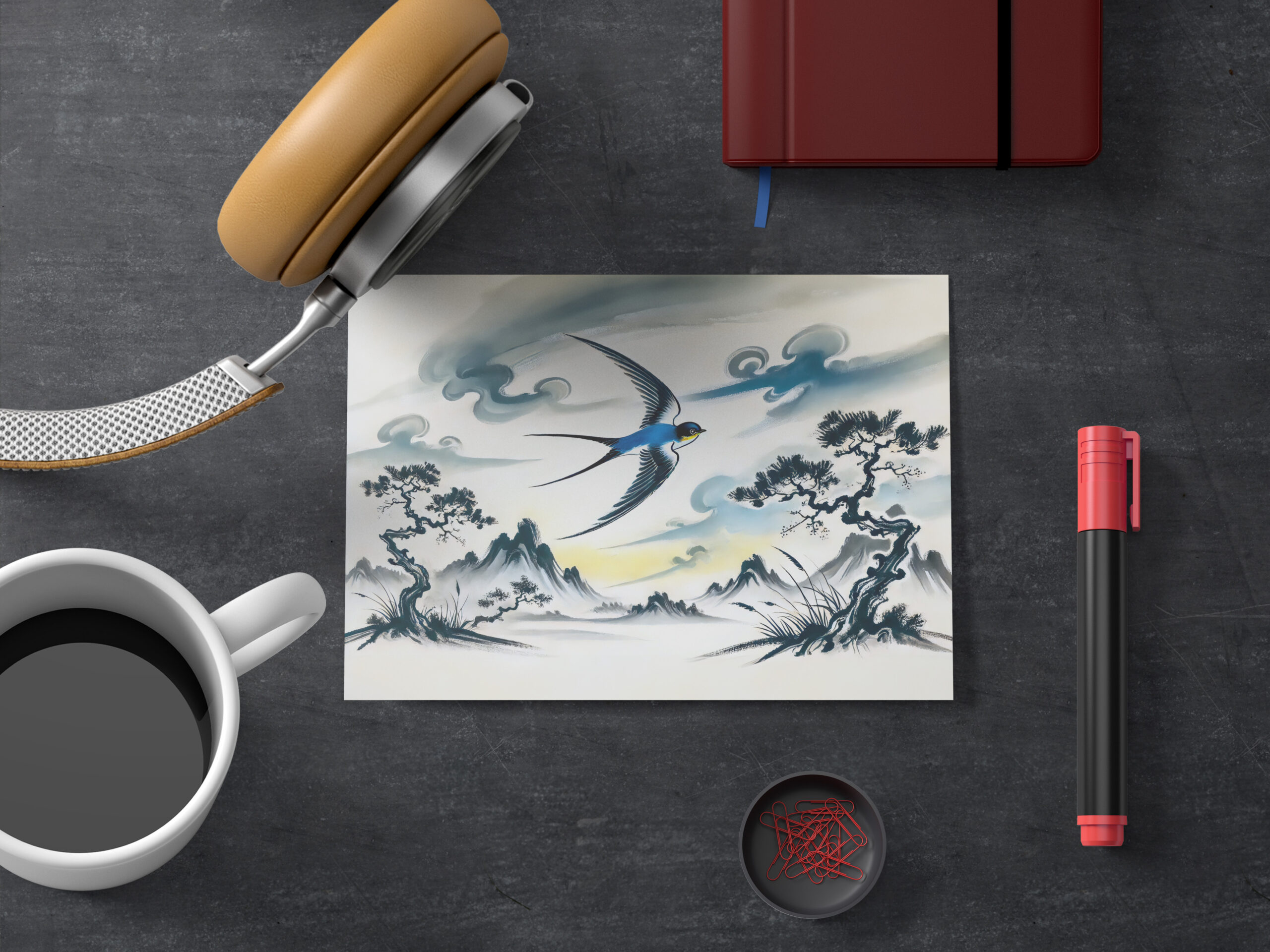 raxxa Postkarte: Swallow Soaring Through the Sky in Chinese Ink Painting