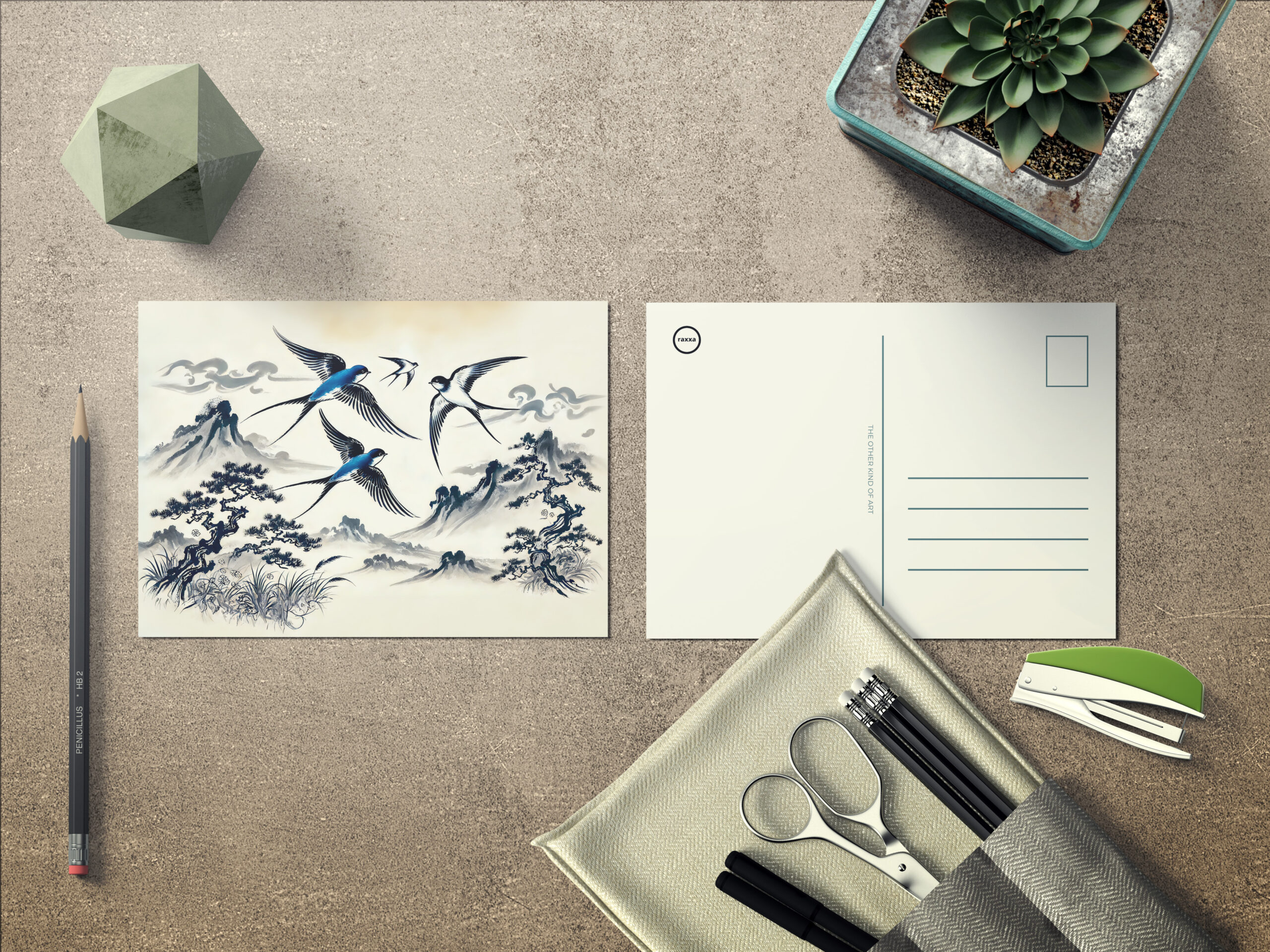 raxxa Postkarte: Swallows Soaring Through the Sky in Chinese Ink Painting