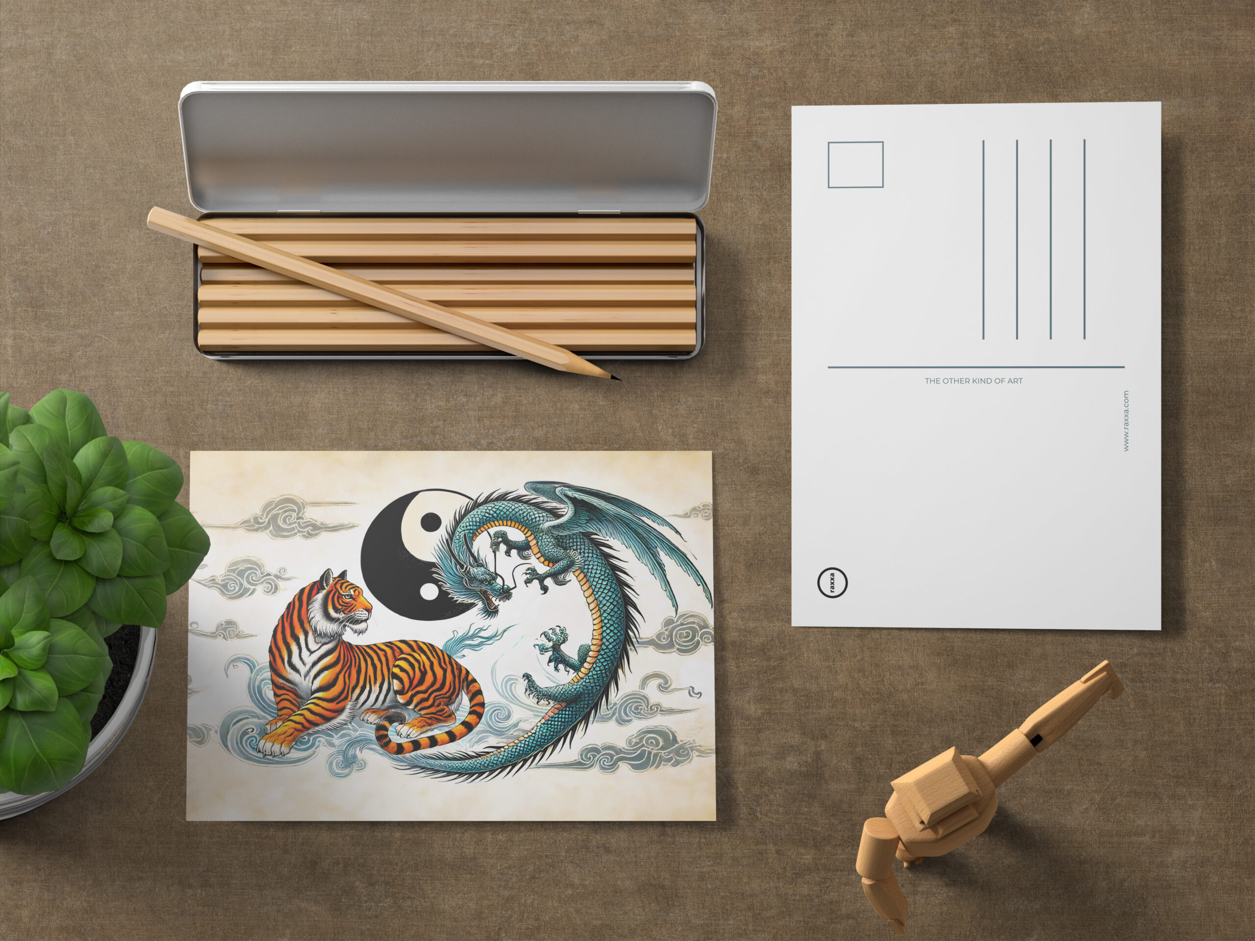 raxxa Postkarte: Yin and Yang Tiger and Dragon in Asian Art Style