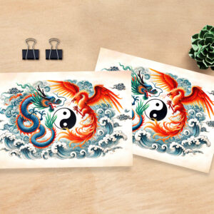 raxxa Postkarte: Yin and Yang Dragon and Phoenix in Asian Art Style