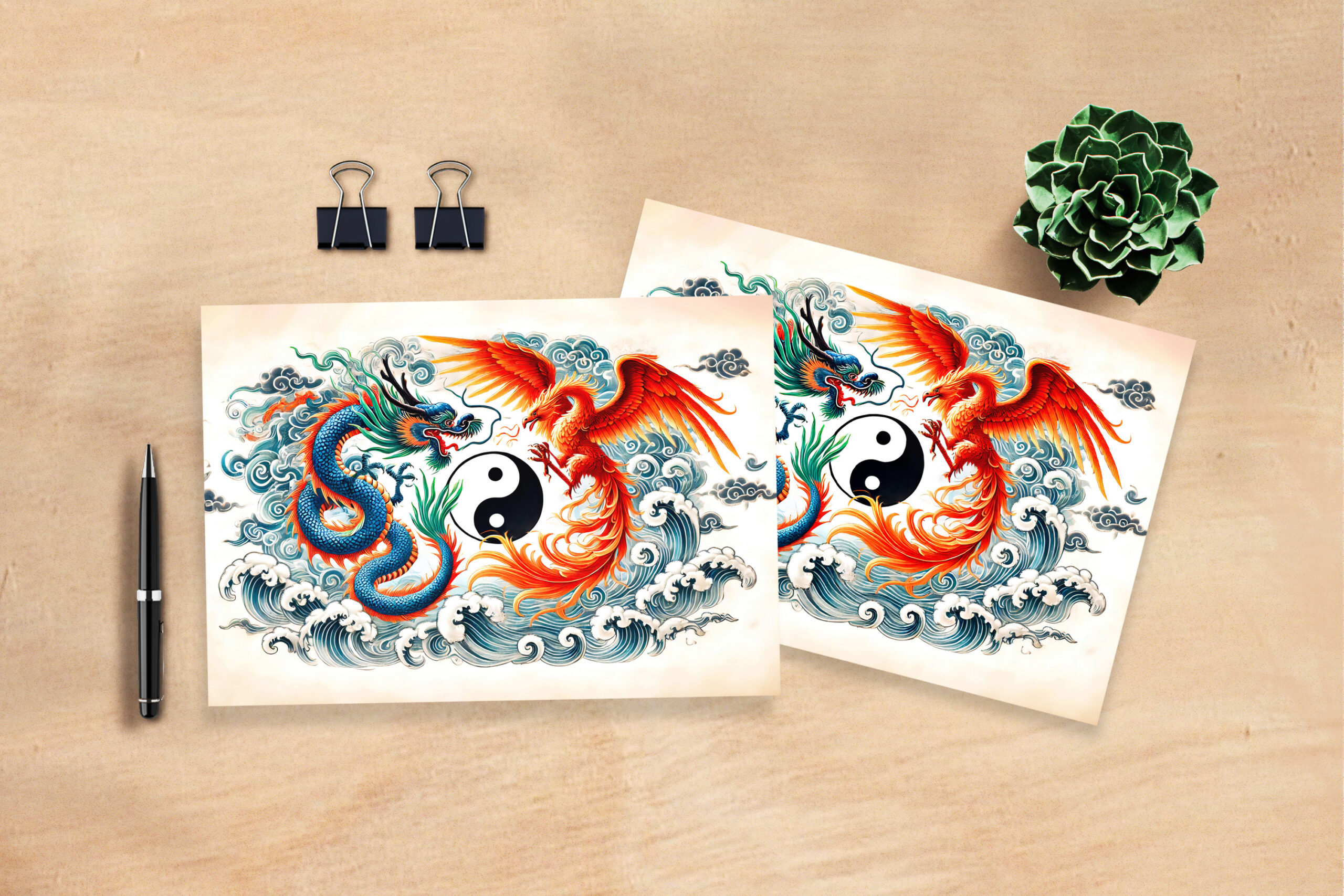 raxxa Postkarte: Yin and Yang Dragon and Phoenix in Asian Art Style