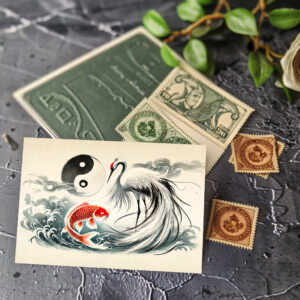 raxxa Postkarte: Yin and Yang Koi and Crane in Asian Art Style