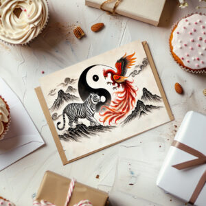 raxxa Postkarte: Yin and Yang Tiger and Phoenix in Asian Art Style