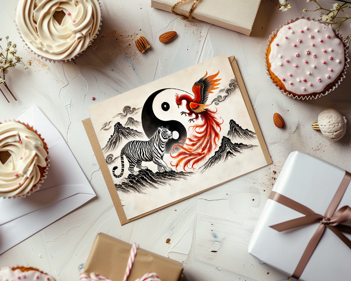 raxxa Postkarte: Yin and Yang Tiger and Phoenix in Asian Art Style