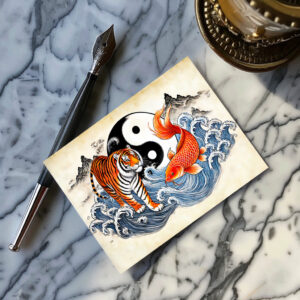 raxxa Postkarte: Yin and Yang Tiger and Koi in Asian Art Style