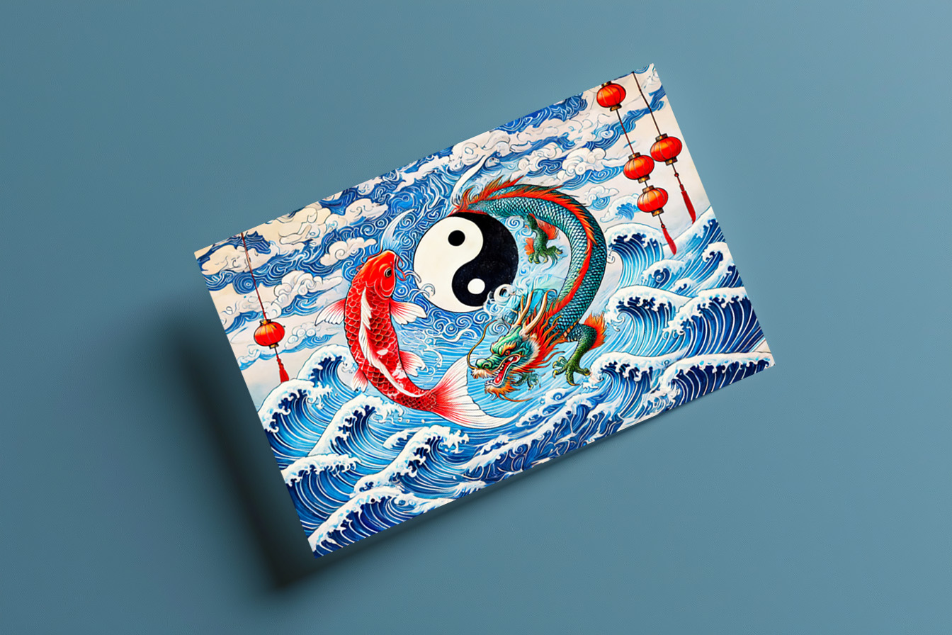 raxxa Postkarte: Yin and Yang Koi and Dragon in Asian Art Style