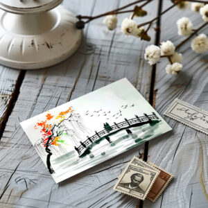 raxxa Postkarte: Bridge by a Pond in a Tranquil Garden