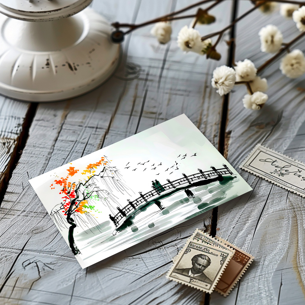 raxxa Postkarte: Bridge by a Pond in a Tranquil Garden