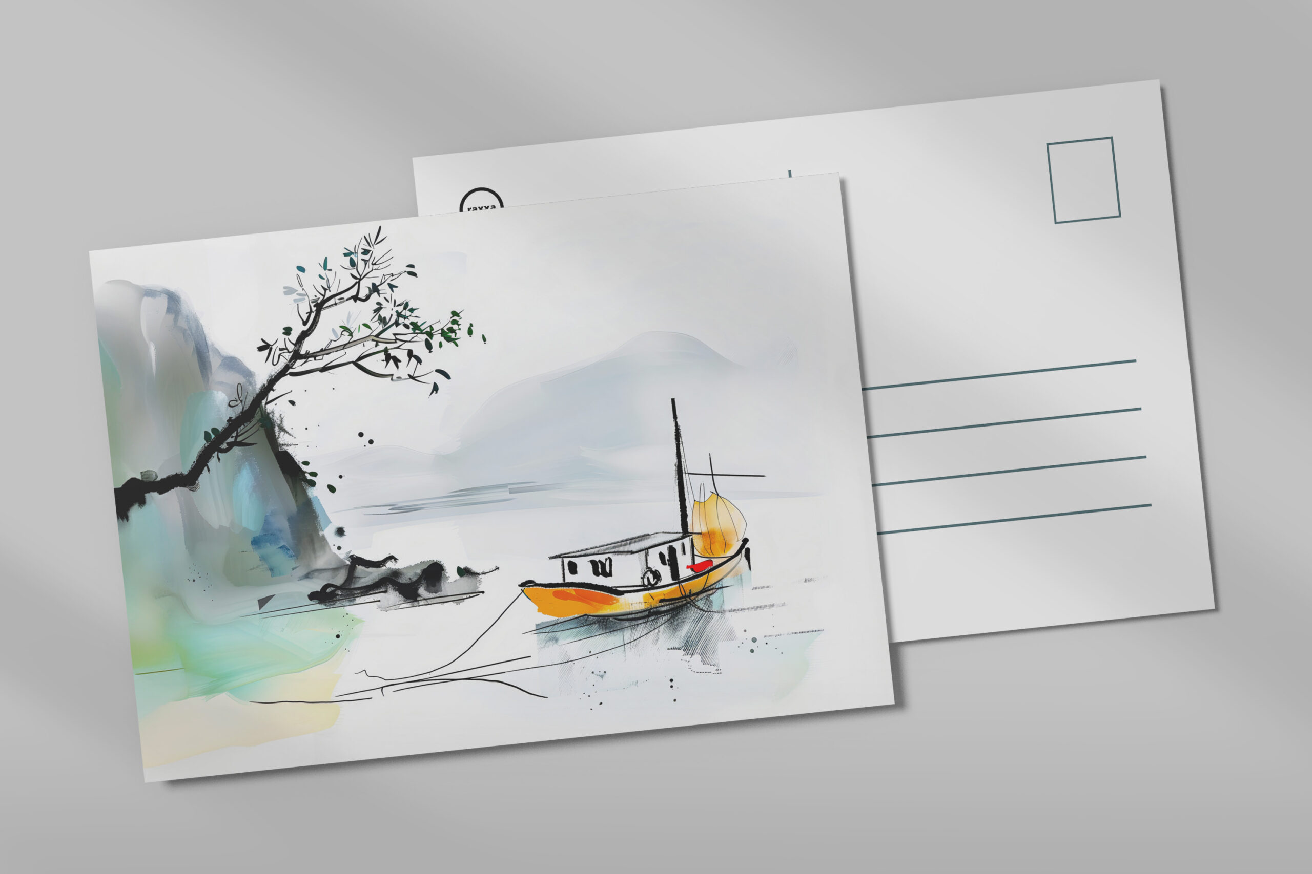 raxxa Postkarte: Chinese Junk Sailing on Tranquil Waters