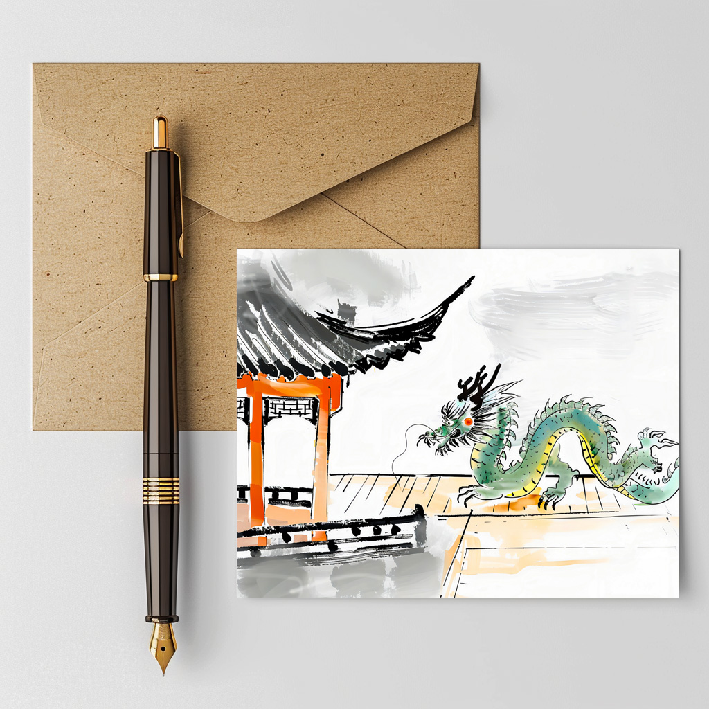raxxa Postkarte: Green Chinese Dragon at Temple