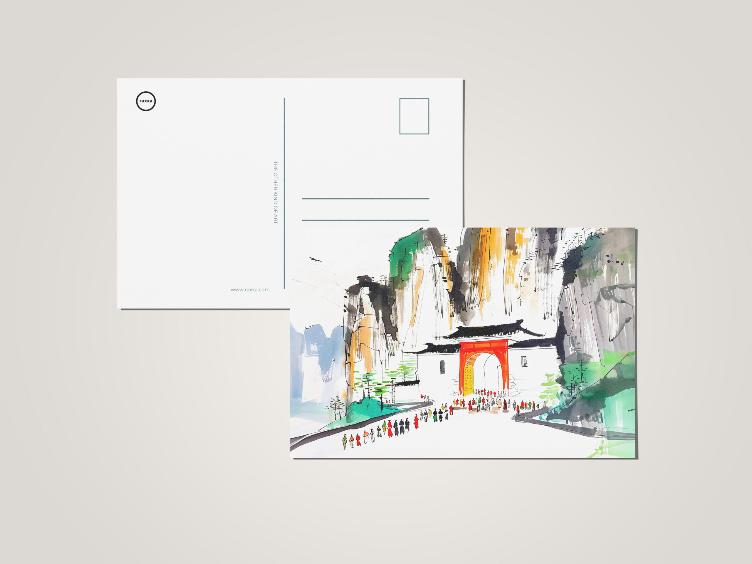 raxxa Postkarte: Temple with People in Mountainous Landscape