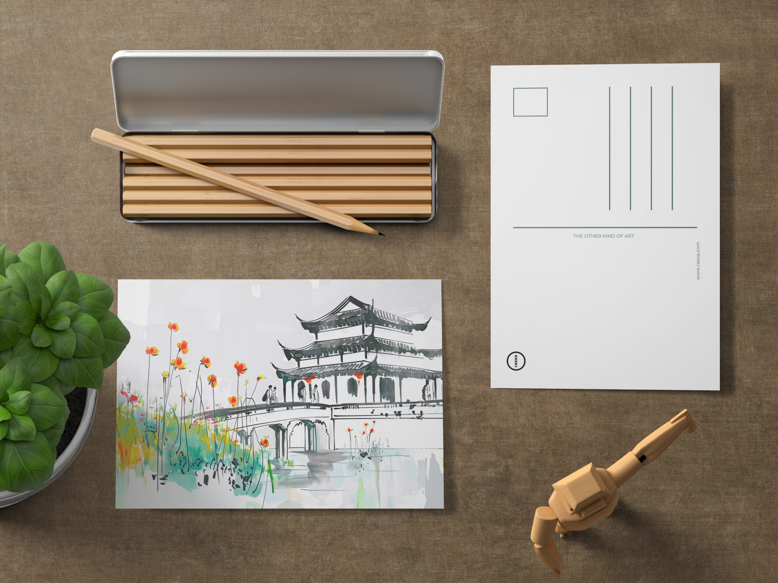 raxxa Postkarte: Chinese Temple by a Flowering Pond