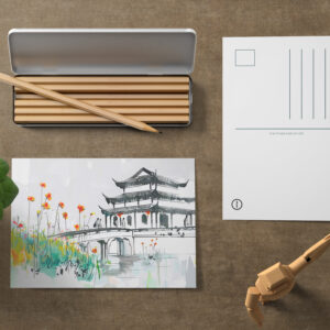 raxxa Postkarte: Chinese Temple by a Flowering Pond