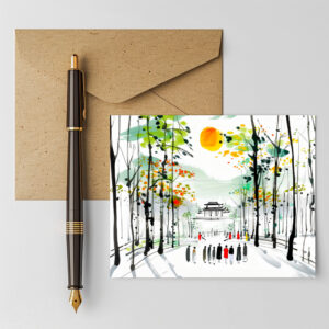 raxxa Postkarte: Chinese Temple Between Trees at Sunset
