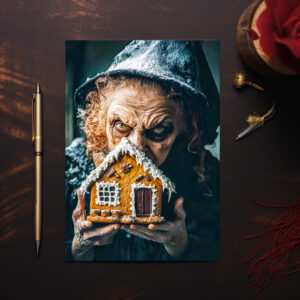 raxxa Postkarte: Witch with Gingerbread House in Fairy Tale Forest