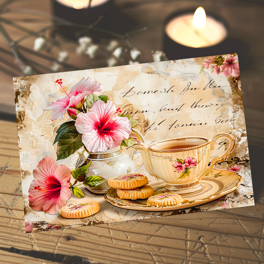 raxxa Postkarte: Hibiscus Blossoms with Fantasy Script and Tea Cup