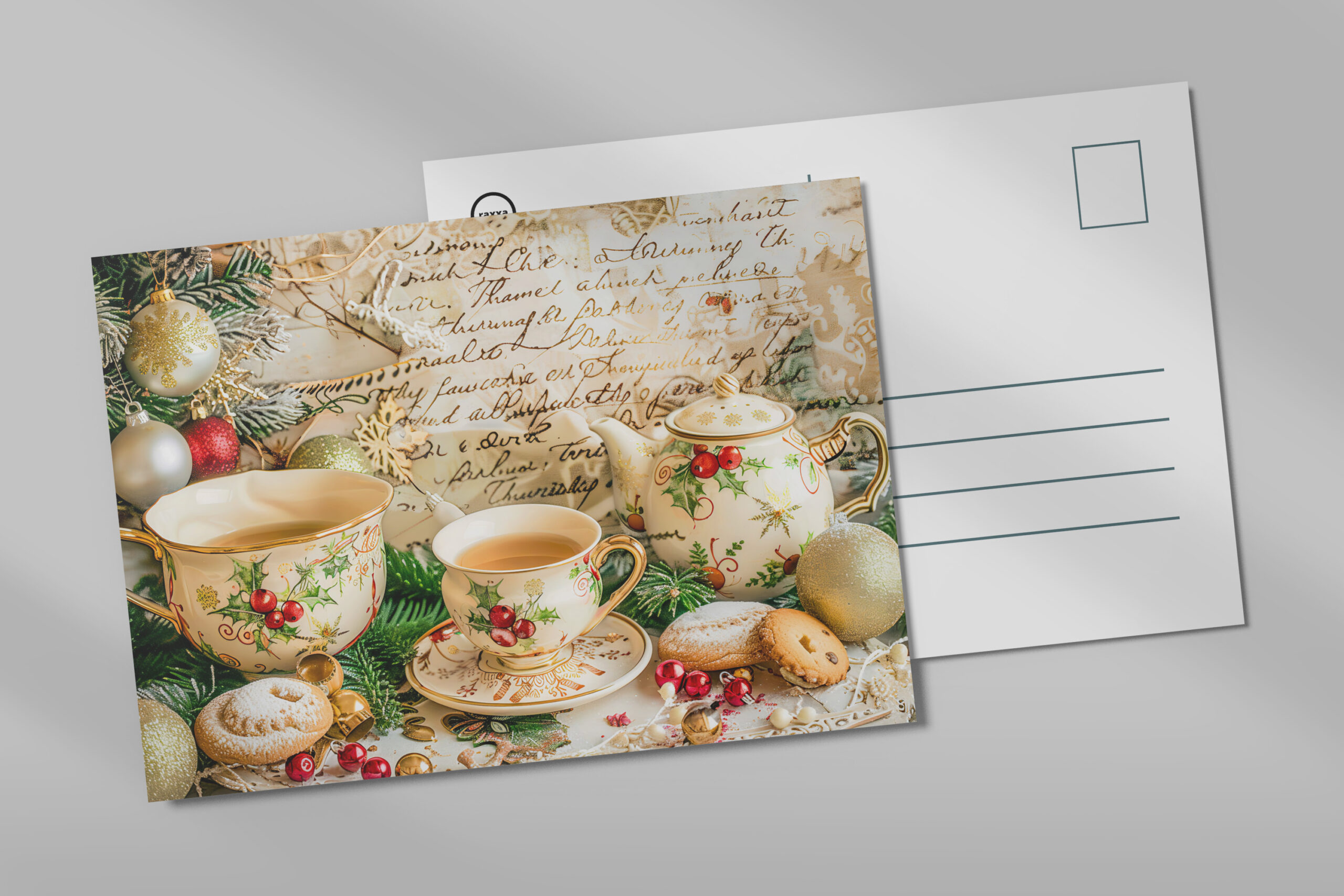 raxxa Postkarte: Christmas Teapot Set with Pine Green and Ornaments