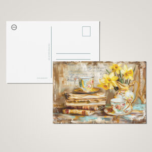 raxxa Postkarte: Daffodils on a Stacked antique Book Collection