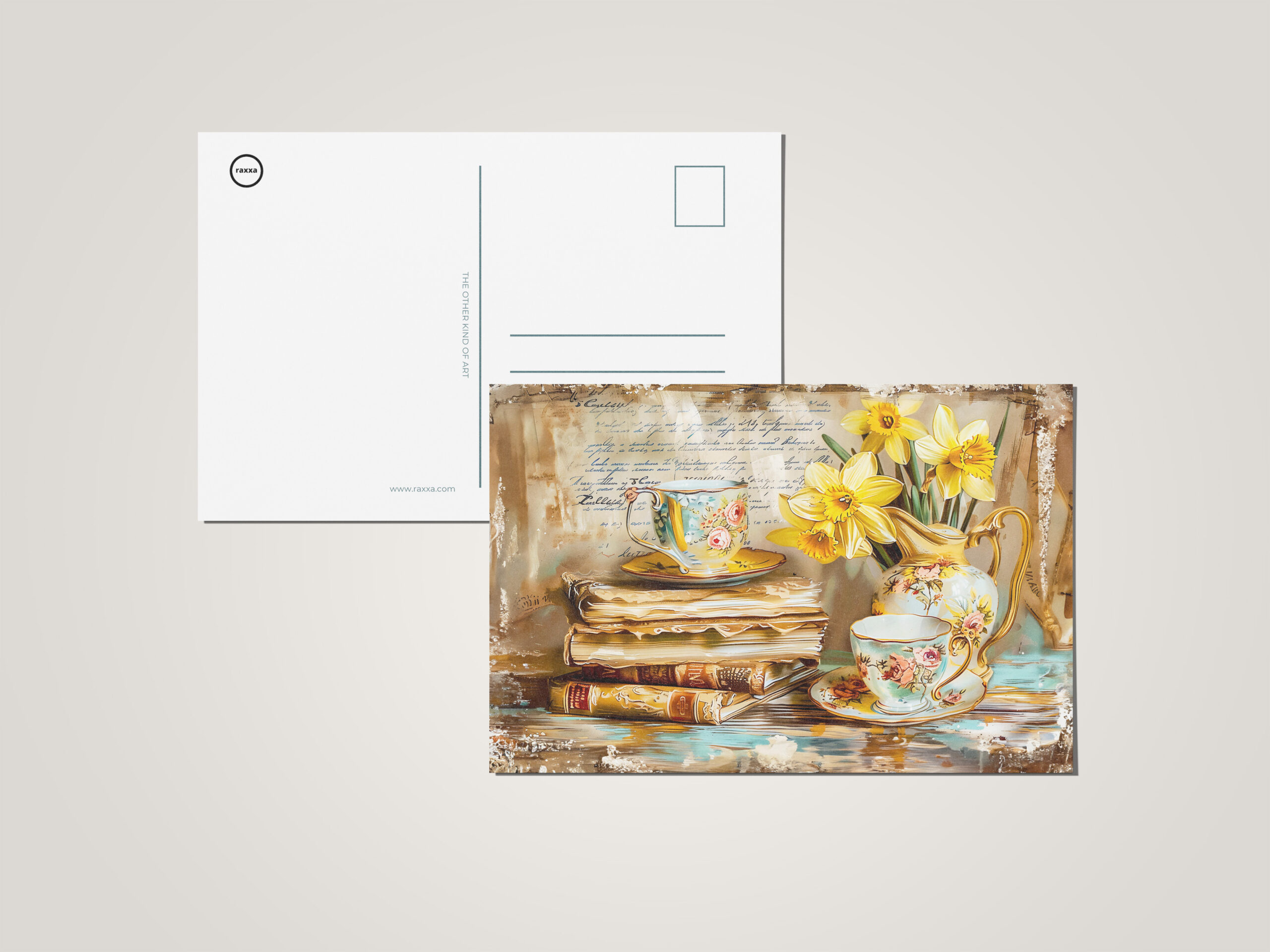 raxxa Postkarte: Daffodils on a Stacked antique Book Collection