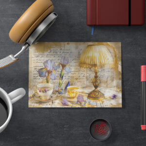 raxxa Postkarte: Iris Blooms with Teacup and Vintage Lamp
