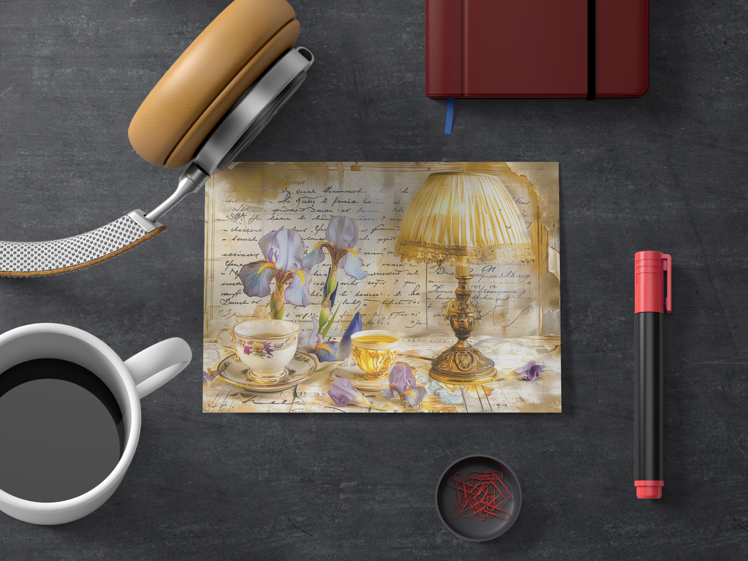 raxxa Postkarte: Iris Blooms with Teacup and Vintage Lamp