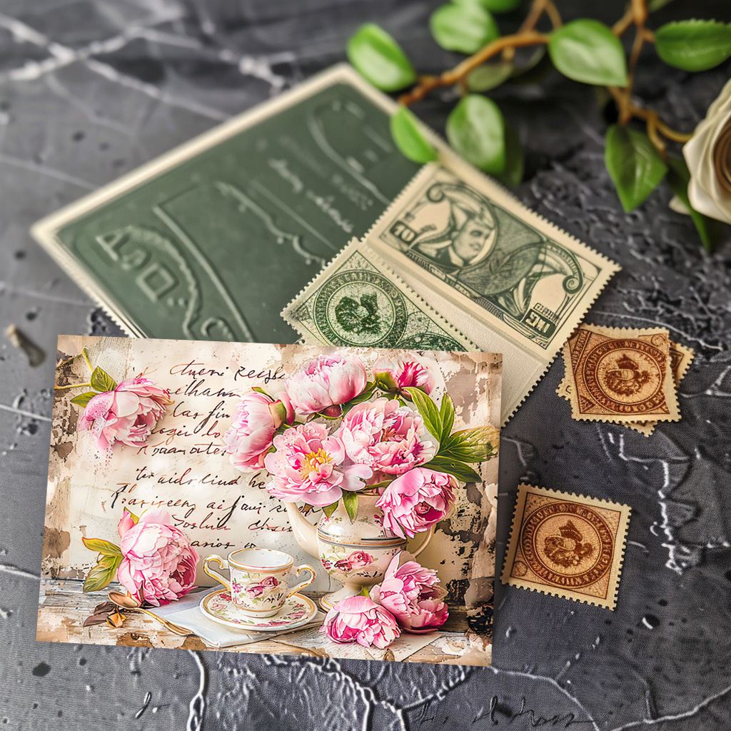 raxxa Postkarte: Peonies with Tea Cup and Vintage Touch