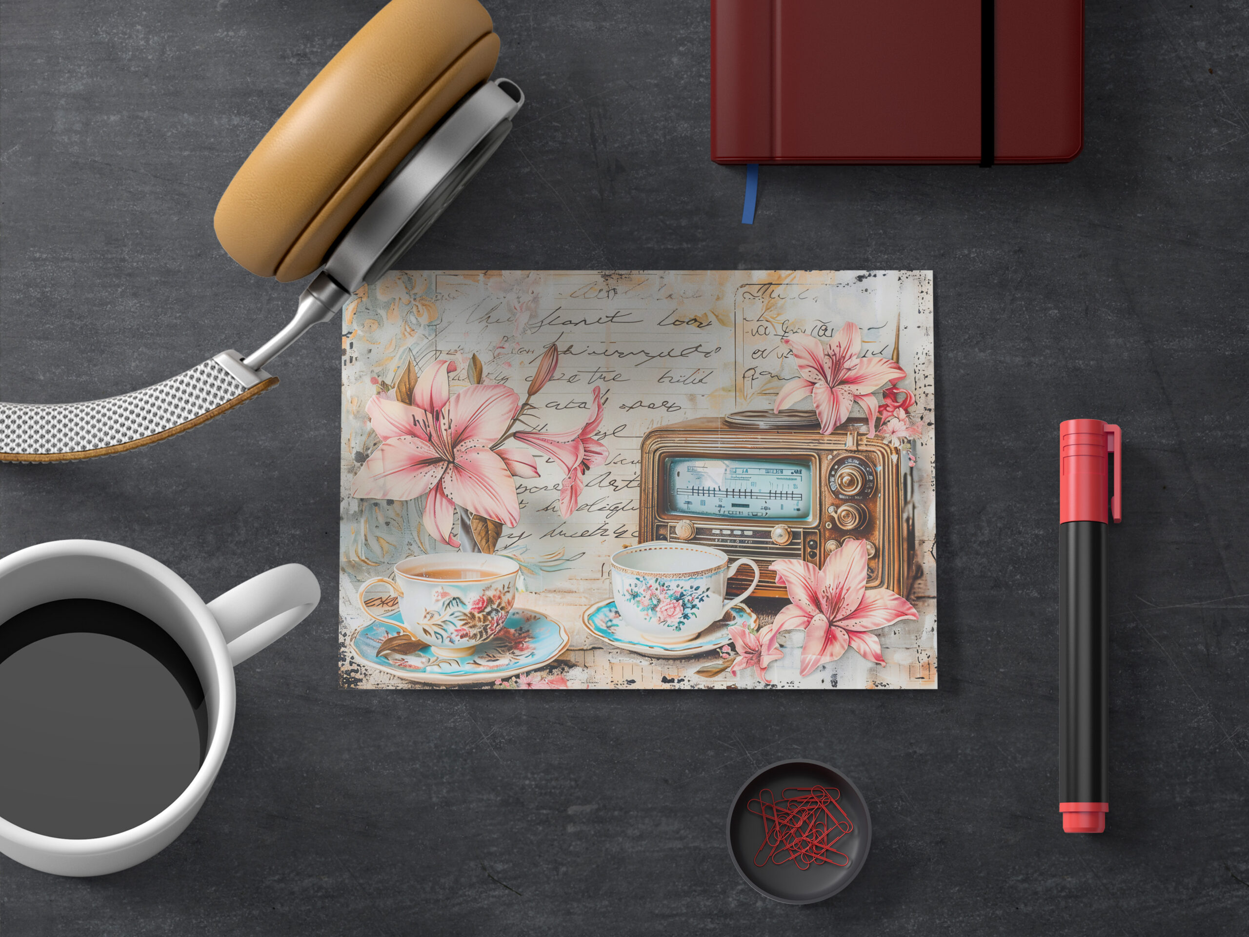 raxxa Postkarte: Pink Lily with Antique Radio Receiver