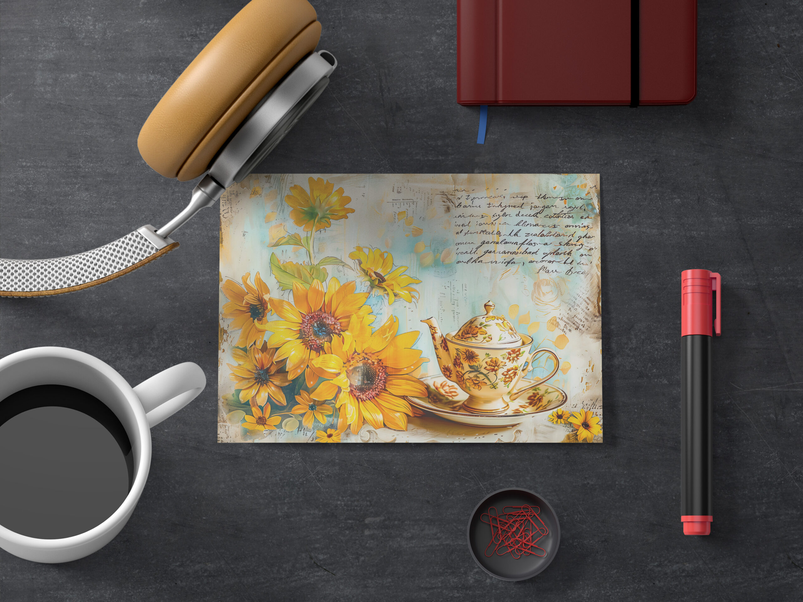 raxxa Postkarte: Sunflower with Antique Coffee Pot and Fantasy Script