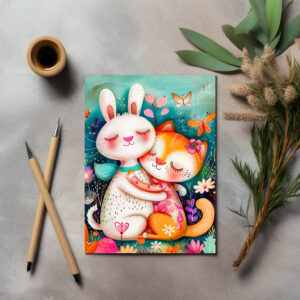 raxxa Postkarte: Rabbit and Cat Hugging each other with butterflys flying
