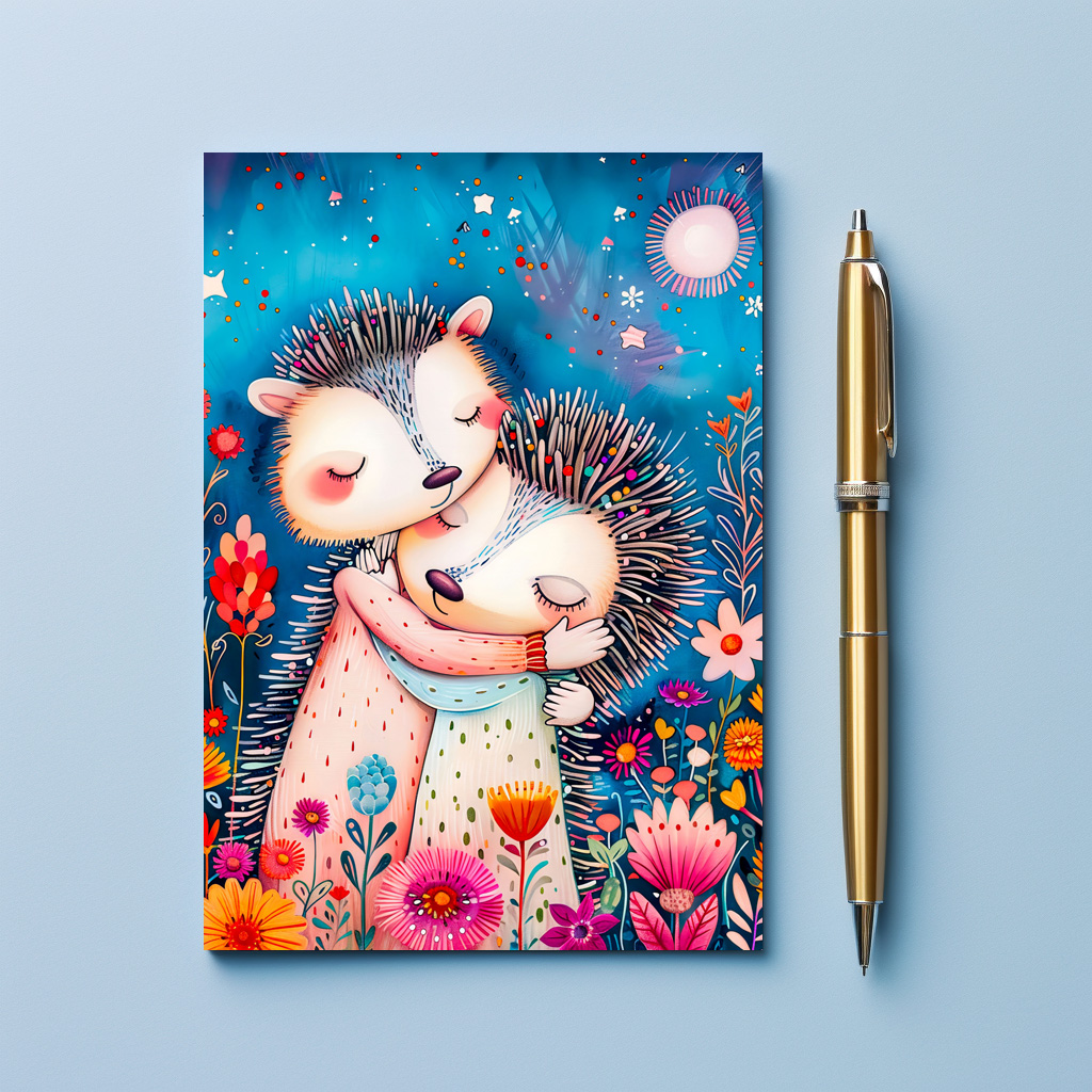raxxa Postkarte: Illustration of hugging hedgehogs in forest.