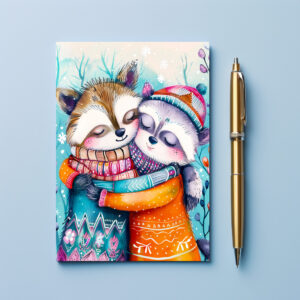 raxxa Postkarte: Two Raccoons Hugging in Winter