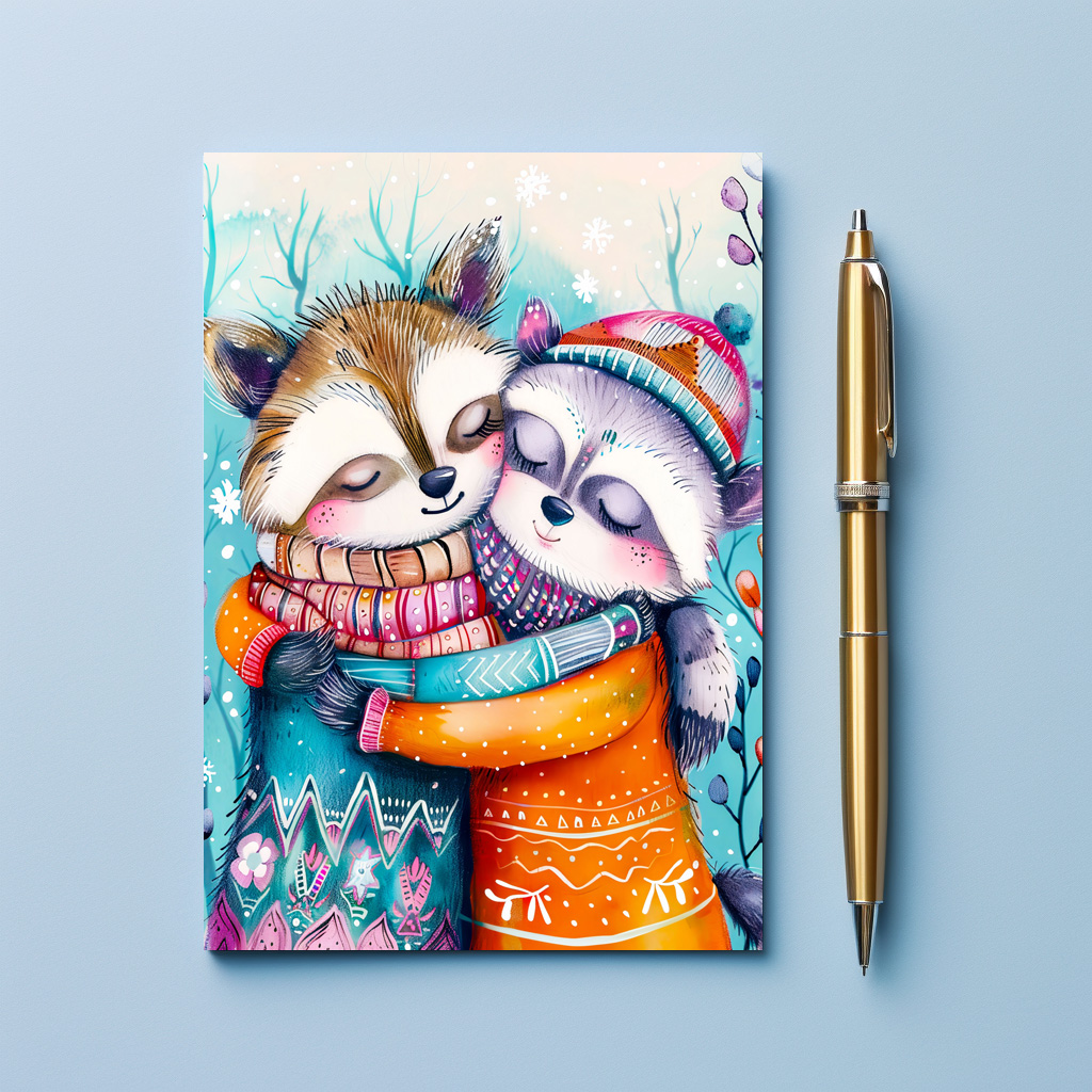 raxxa Postkarte: Two Raccoons Hugging in Winter